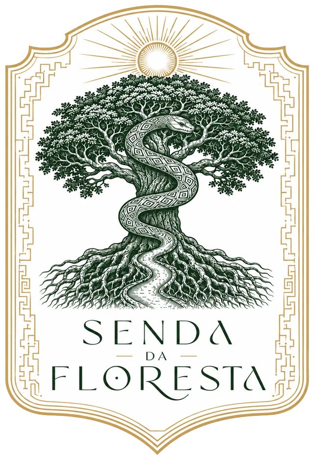 Selo da Senda da Floresta: árvore ancestral com jiboia e trilha